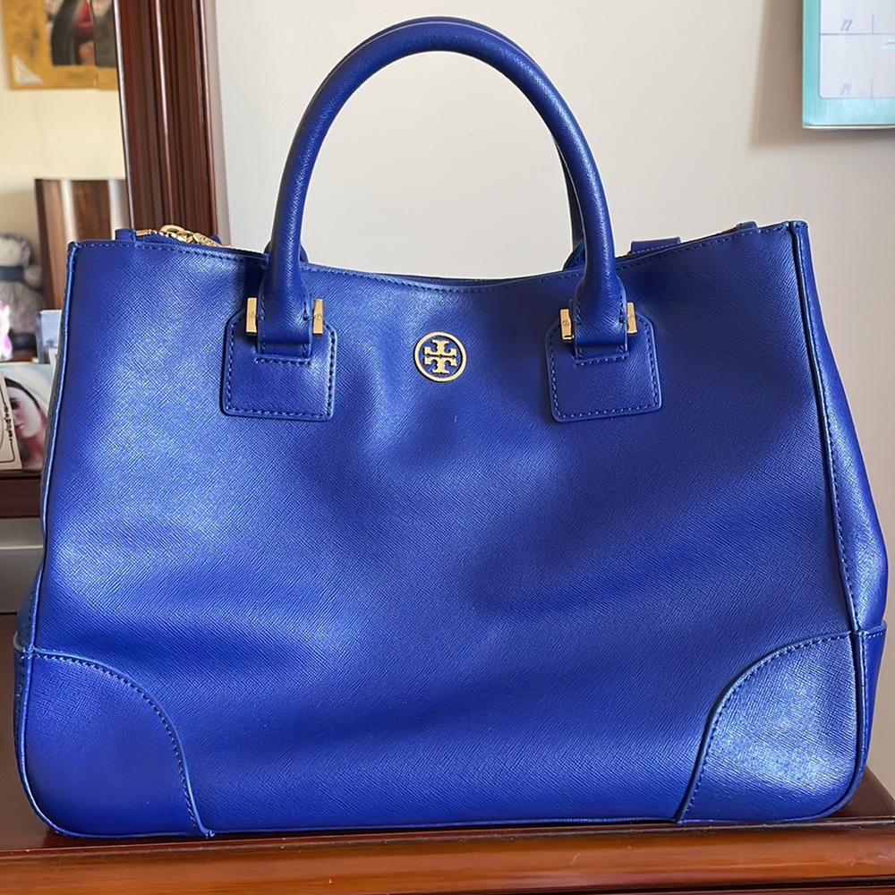 Authentic Tory Burch Robinson Blue Leather Double Zip Tote Bag